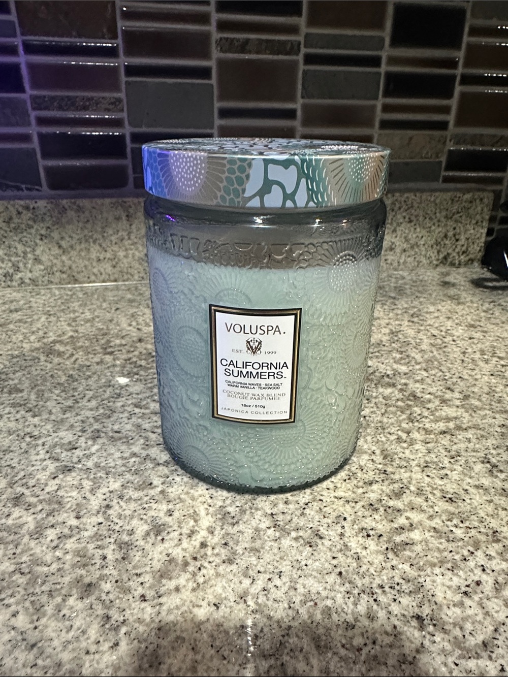 Slightly Used Voluspa California Summers Light Aqua Embossed Glass Jar Candle